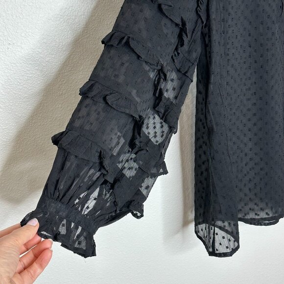 Cleobella‎ Swiss Dot Sheer Ruffled Long Sleeve Blouse XS Black Boho Goth Girly - Picture 4 of 11